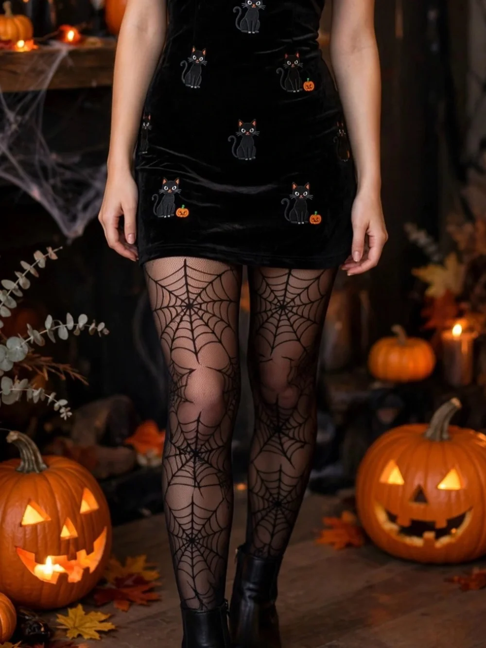 Black Tights Spider Web Design Halloween One Size 95-140lb